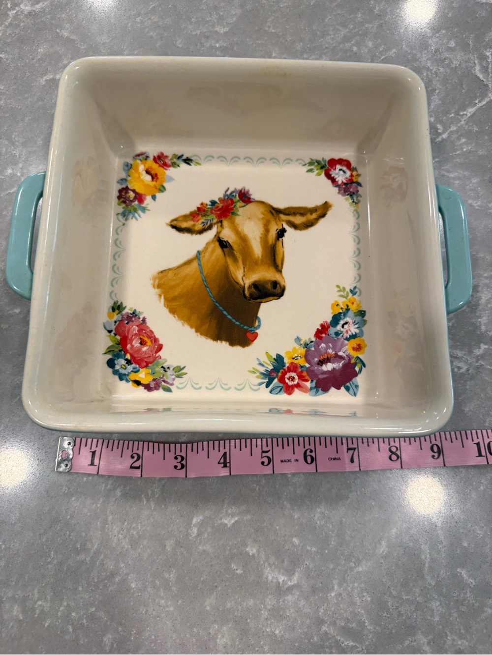 Pioneer Woman Cow Stoneware Square Baking Dish Casserole Pan Floral 9x9 - Picture 4 of 6